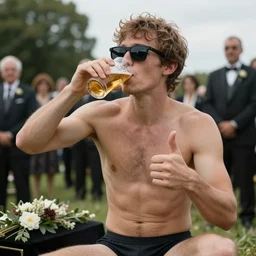 a beautiful portrait of an emotionally - detached bloke drinking beer, wearing a pair of futuristic sunglasses and his underwear, being unfazed by the fact that he's at a funeral, giving the thumbs up, photography, volumetric lighting, 8 k