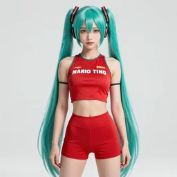 miku wearing crop red gym top with white lettering, cropped red yoga short, Advertising photography by Mario Testino, masterwork, cgstudio