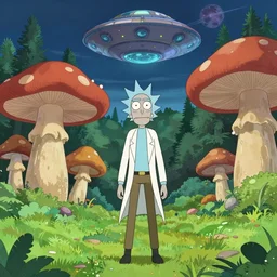 illustration of a knight, colorful forest landscape, giant mushrooms, a ufo in the sky, unknown planet, by studio ghibli, rick and morty style, tex avery. anime film, cinematic shot, artstation, insanely detailed, 4 k.