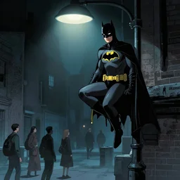 batgirl perched on a streetlight watching people pass by, dark deco, martin ansin,