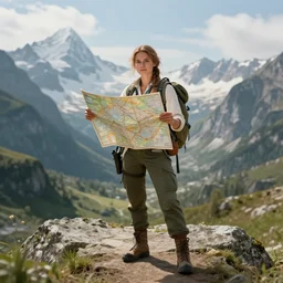 A portrait of a female explorer holding a map, full body shot, fantasy, mountainous terrain, action shot, trending on artstation, clear portrait, 4K, by Greg Rutkowski