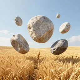 uncanny rocks floating over a wheat field, hard light and long shadows, afternoon sunshine, detailed digital art by artgerm and WLOP, Greg Rutkowski, Felix Kelly, Detailed Digital Art, dynamic lighting, Highly Detailed, Cinematic Lighting, 8k, HD