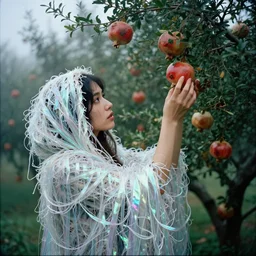 a closeup portrait of a woman wearing a cloak made of tangled iridescent ribbon, picking pomegranates from a tree in an orchard, foggy, moody, photograph, by vincent desiderio, canon eos c 3 0 0, ƒ 1. 8, 3 5 mm, 8 k, medium - format print