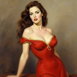 artwork of a voluptuous sexy woman in a red dress with gold trim, trending on artstation, by thomas kinkade
