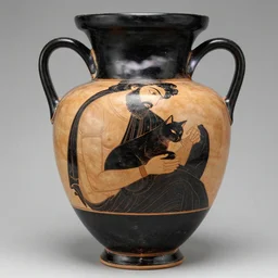 ancient greek black - figure pottery painting depicting greek bearded man cuddling a cat, amphora from athens 6 th century bc