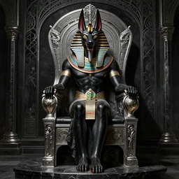 sinister god anubis, growling jackal with egyptian headdress and nemes, ornate art nouveau marble throne room, black and silver palette, symmetrical background, fantasy, intricate, elegant, highly detailed, colorful, dark colors, dramatic shadow, digital painting, artstation, concept art, art by artgerm and greg rutkowski and ruan jia,