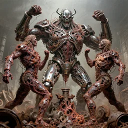 movie still of flayed gods battle chaos, intricately macerated by age, sentient, dethroned goliath machine, blood turbines, hydrocracking battles, rusted, macerated, eviscerated by fimbria wires, bicornate fungal pit, metallic chrome sheen rotting, by alberto bontempi, jack kirby, alex ross, shigeru komatsuz