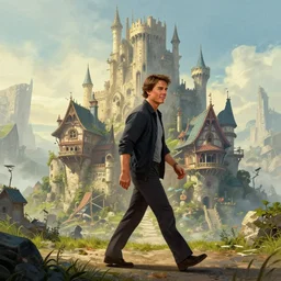Tom Cruise Walking, perfect fces, fantasy art landscape, fantasy city, fantasy kunst, fantasy castle, fantasy house, architecture mystery, artstation, house illustration