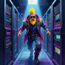 an angelic male hacker with a beard and yellow mohawk in vast cyberspace glitching through a vulnerable server, wearing sunglasses, futuristic clothes, vibrant colors, glitchy, rule of thirds, spotlight, drips of paint, expressive, passionate, by greg rutkowski, by jeremy mann, by francoise nielly, by van gogh, digital painting