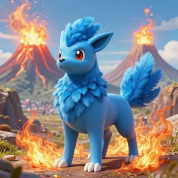 a beautiful earth and fire type pokemon, blue dog with fluffy feathers, full body shot, highly detailed digital art, 3 d perspective, award - winning illustration, aesthetic, epic, smooth, pokemon style, made by greg rutkowski, with bursting volcano mountains landscape in the background