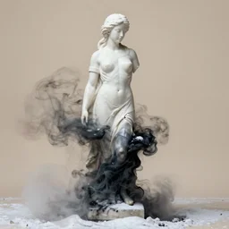 photo by sarah moon, broken white statue of a woman, a black smoky mass from below, transparent skin, snow, foggy, motion blur, beige