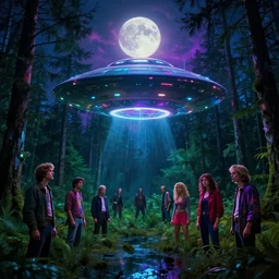 dramatic glowing ufo crash in murky evergreen forests swamps under colorful neon moon, highly detailed, cinematic, synthwave, tim white, vladimir kush, chris foss, roger dean, philippe druillet, michael whelan, lisa frank, bob eggleton, alfred kelsner, kubrick