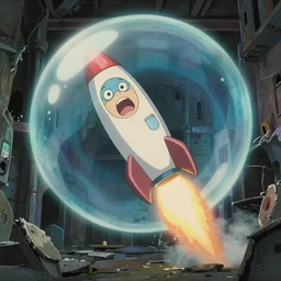 unrealistic interior shot from howls moving castle ( 2 0 0 4 ) of a scientist rocketing out of a bright zone of influence bubble in an abandoned city. screaming. cartoon depth of field.