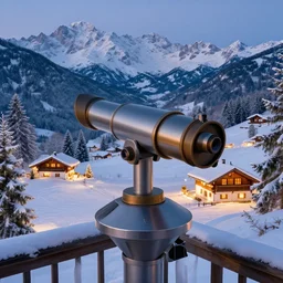 matte painting of view through a telescope, winter christmas mountain cottage szene in beautiful landscape in the bavarian alps, by albert whitlock, amazing details, beautiful composition, vibrant colors, bird eye view, luminescent, warm hue's