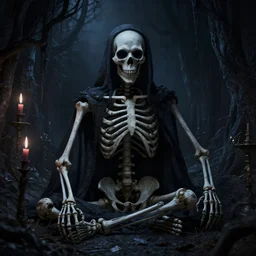 Realistic cinematic of a dark crypt scene with a spooky living skeleton, highly detailed, inspired by Tim Burton, Unreal Engine 4k