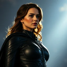 film still of katie mcgrath as superheroine in the new batgirl movie, black cape, black leather, movie still 8 k