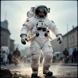 a 3 5 mm kodachrome photo of a enormous towering chubby american astronaut in spacesut walking in legnica, splash art, movie still, bokeh, canon 5 0 mm, cinematic lighting, dramatic, film, photography, depth of field, award - winning, backlighting, overcast, 8 k, hyper detailed, 3 5 mm film grain