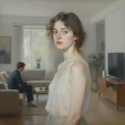 a portrait of beautiful woman, inside a modern apartment, detailed oil painting, misty, ethereal, soft lighting, 8 k, by jeremy mann and ruan jia and alphonse mucha