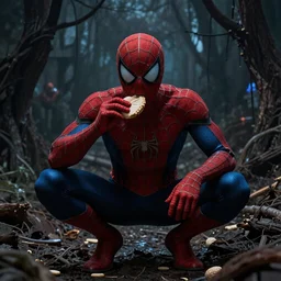 spider-man eating nuttela in hell with dark theme