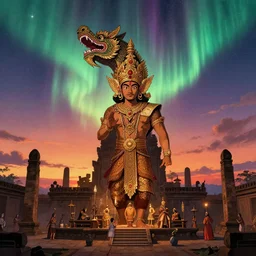 King Rajasanagara coronation day in ancient Majapahit kingdom, sunset sky in the background with ambient turbulent rainbow aurora in the shape of Barong, in the style of Guillermo del Toro and Milt Kahl, xerography, concept art, ultra detailed, cinematic, illustration, trending on artstation