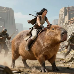 female jedi riding a giant capybara into battle unreal 5, hyperrealistic, realistic, photorealistic, dynamic lighting