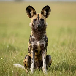 an african wild dog on the african plains, sitting up, friendly, long grass, sparkling water, glistening, hyper realistic, hyper detailed, digital art, trending in artstation, cinematic lighting, studio quality, smooth render, unreal engine 5 rendered, octane rendered, by paul lehr