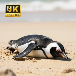 a penguin sunbathing on a warm beach, hyper realistic, relaxing, unreal engine 5, 8 k