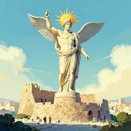 illustration of the colossus of rhodes, a statue of the greek sun : god helios, erected in the city of rhodes, on the greek island, so beautiful, by lliam brazier, petros afshar, peter mohrbacher and victo ngai, contest winner on behance