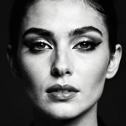 black and white vogue closeup portrait by herb ritts of a beautiful female model, persian, elaborate eyeliner, high contrast