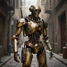 a steampunk bot in a alleyway, realistic, 8 k, extremely detailed, cgi, trending on artstation, hyper - realistic render, 4 k hd wallpaper, premium prints available, octane render, award winning, by greg rutkowski