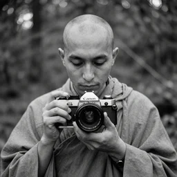 Canon AE-1, 35mm, detailed orthodox monk, forest, nostalgia, analogue photo quality, blur, unfocus, monochrome, 35mm