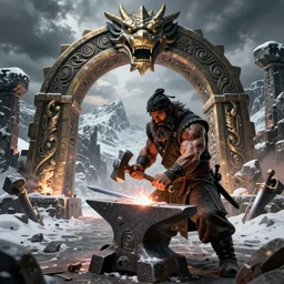 a muscular dwarf blacksmith in blacksmith clothes swinging hammer down forging a sword on an anvil with a dwarven forge carved to look like a dragon head by archvillain, titanforge, blizzard, hearthstone, greg rutkowski, jeff easley, mtg, wotc
