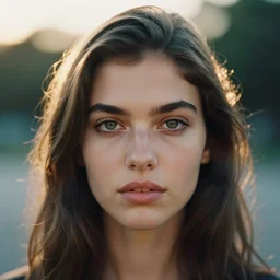 head and shoulder frontal face portrait photography of a beautiful young brunette with perfect olive skin, green eyes, bushy eyebrows, thick lips,  by Annie Leibovitz. Kodak Portra 800 film. Depth of field. whirl bokeh. Golden hour. detailed. hq. realistic. warm light. muted colors. Moody. Filmic. Dreamy. lens flare. Leica M9, f/1.2, symmetrical balance, in-frame