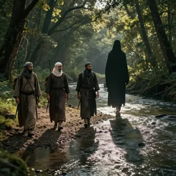 muslim adventurers walking along the river bank in a forest, an epic fantasy, dramatic lighting, cinematic, extremely high detail, photorealistic, cinematic lighting, artstation, by Christopher Nolan, 50mm lens, shadow of the tomb rider