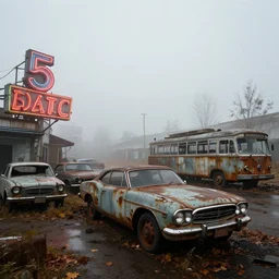 low wide angle shot of dilapidated fallout 5, desolate, dilapidated neon signs, few rusted retro futuristic vintage parked vehicles like cars, ( ( ( buses, trucks, trams ) ) ), volumetric lighting, photorealistic, foggy, rain daytime, autumn, overcast weather, sharp focus, ultra detailed, 4 0 0 0 k