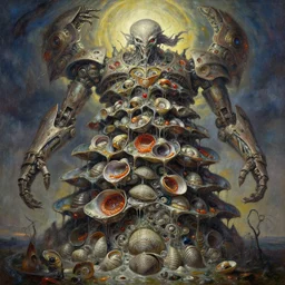 oil painting nightmare macerated epic tiered waving mollusks mech blasted sky bound, cinematic, fine art, ornate masterpiece, hyper detailed geof darrow, by shigeru komatsuzaki