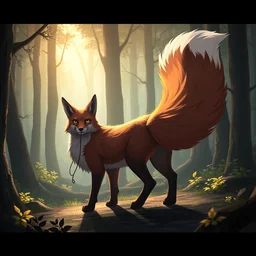 a medevial anthropomorphic fox with a big tail in a forest, trending on artstation, detailed, anime, warm lighting, backlighting, by kawacy, trending on furaffinity, furry art, fantasy art, assassins creed, cgi