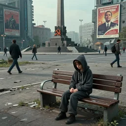 storyboard : sadie sink in hoodie sat down on bench in ruined square, pedestrians walk by, soviet monument and propaganda posters. scifi cyberpunk. by gabriel hardman. cinematic atmosphere, detailed and intricate, perfect anatomy