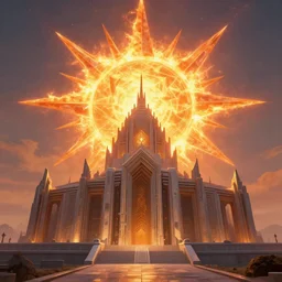 a blazing geometric sun above a techno monolithic temple, detailed, 4 k, warm colours, by stanley donwood and philippe druillet,