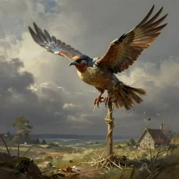 an intricate concept illustration of a flying bird landing on a scarecrow, by wlop, artstation, cgsociety, hyper realistic, photorealistic, digital painting