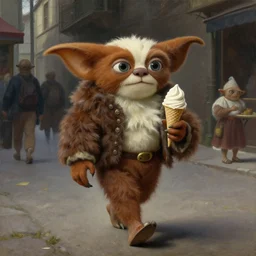 portrait of an humanoid strange creature from carpenter the thing and alien and gremlins is walking in a street with a icecream, hight detailed painting by gustave courbet and greg rutkowski, peter mohrbacher, joseph christian leyendecker, nice studio lighting, smooth tiny details, soft and clear shadows, low contrast, perfect
