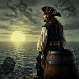 pirate barrelman looking at horizon, Dynamic lighting, cinematic, establishing shot, extremely high detail, foto realistic, cinematic lighting, pen and ink, intricate line drawings, post processed, concept art, artstation, matte painting, style by Raphael Lacoste, Eddie Mendoza