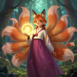 portrail | ahri!!!!!! | holding a glowing ball | the nine - tailed!!! fox | hanbok!!! | mystical forest | fantasy | league of lengeds | very detailed | digital | by natalie shau | by yuumei | by wlop