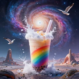 (Behold - rainbow boba), And the flung spray and the blown spume and the seagulls crying!!!!, An Odyssey Beyond Reality, cinematic, hyper realism, high detail, octane render, unreal engine, 8k, vibrant color, from the spirals of galaxies to the hexagonal shapes of snow crystals!!, a desolate alien world full of rich colors!!!, unique architecture!, by andrea chiampo and chet zar