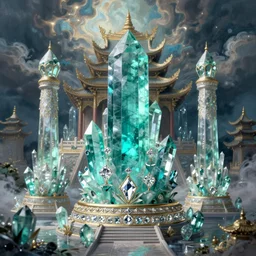 painted picture of fantasy crystal healing asian temple, aquamarine crystals, diamonds and pillars of glass, product mockup, product image, fantasy intricate elegant extremely detailed digital painting trending artstation concept art sharp focus illustration art by gustave courbet greg rutkowski craig mullins