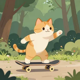 a cat riding a skateboard in a forest, digital art
