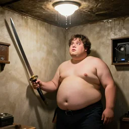 the stereotypical weeb fat man in the basement with katana sword on the wall and greece dripping down the ceiling, realistic, hdr, clear image, hdd, rtx on, dynamic lighting,
