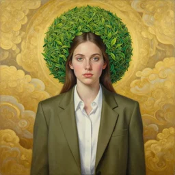 epic painting portrait photography beautiful goddess wearing olive blazer and white shirt, drawing, intricate, green tea leaves circle halo above head, symmetrical front, by amy leibowitz, wlop, jeremy lipkin, beeple, intricate, artgerm, ilya kuvshinov, golden clouds background, centered