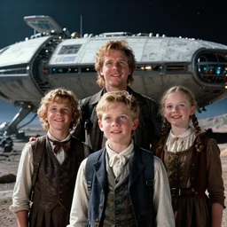 extremely sharply detailed, scan from blockbuster 9 6 k sci fi color movie freeze frame, set 1 8 6 0, family standing in front of crashed spaceship, on alien planet, looking happy, wearing 1 8 5 0 s era clothes, atmospheric lighting, in focus, reflective eyes, - 9 9 9 9 mm macro lens, live action, nice composition and photography, clear facial details