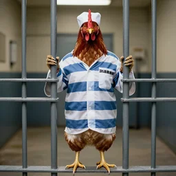 chicken dressed as an inmate, real photo on a jail